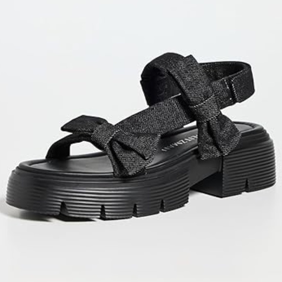 Stuart Weitzman Sofia Nolita Sandal Black Denim w Bows 9 - Picture 1 of 8